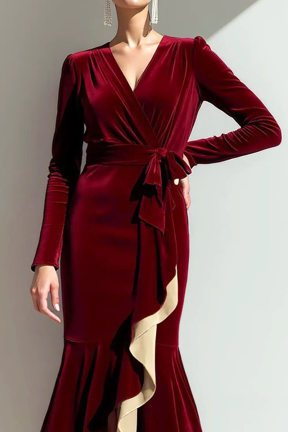 Cabernet Mermaid Ruffled Velvet Long Sleeve Holiday Party Dress sold by Zapaka product image thumbnail 2