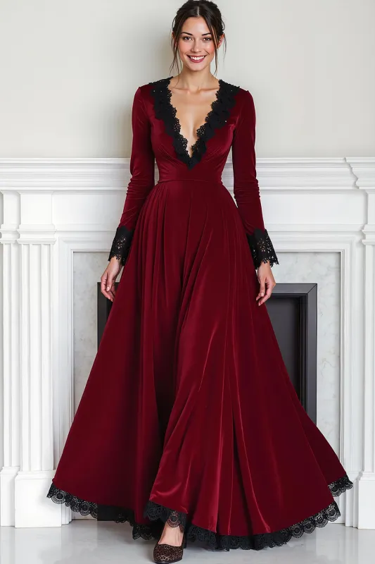 Cabernet Velvet Deep V-Neck Long Sleeve Evening Dress sold by Zapaka