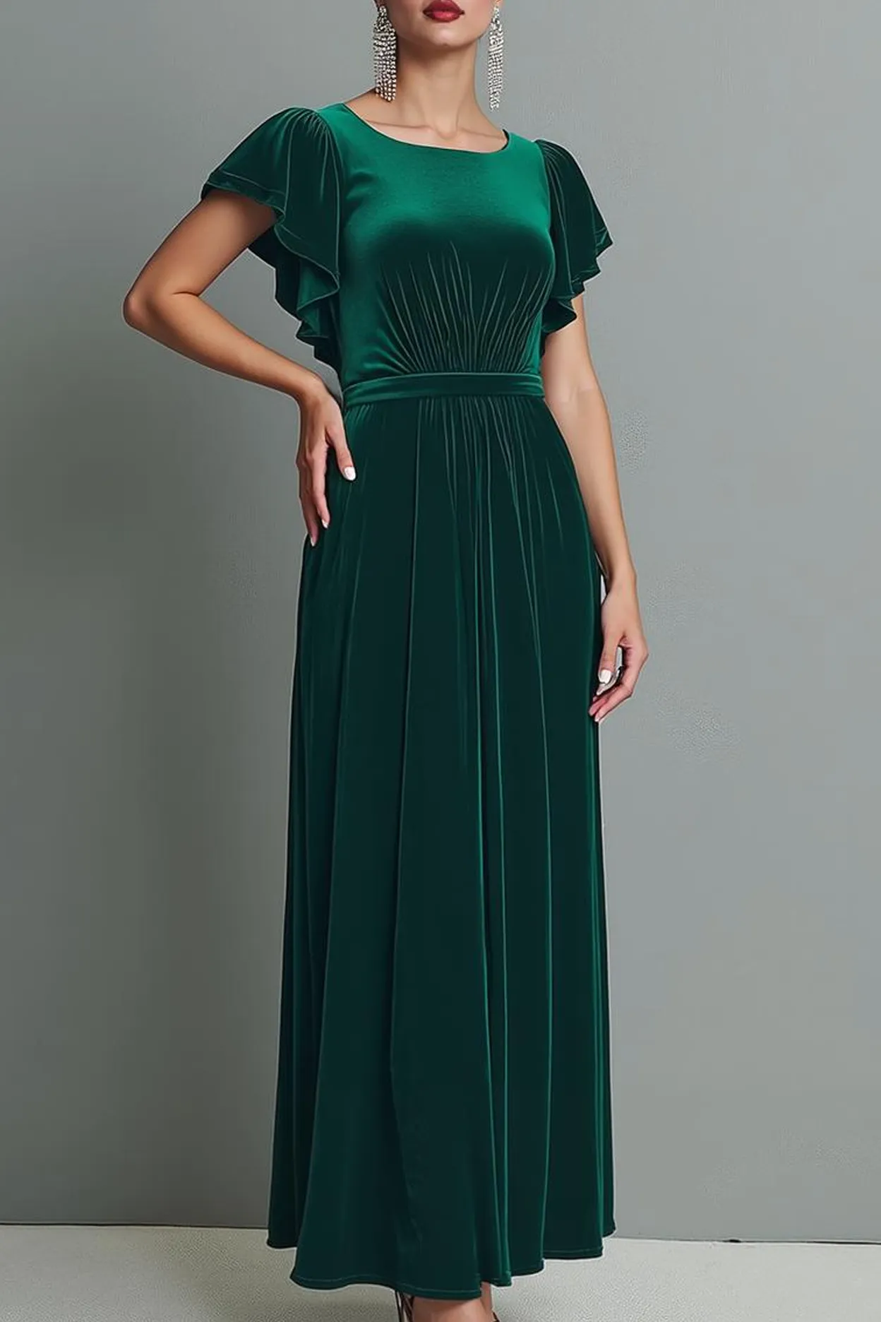 Dark Green Velvet Long Formal Dress with Flutter Sleeves sold by Zapaka product image thumbnail 2