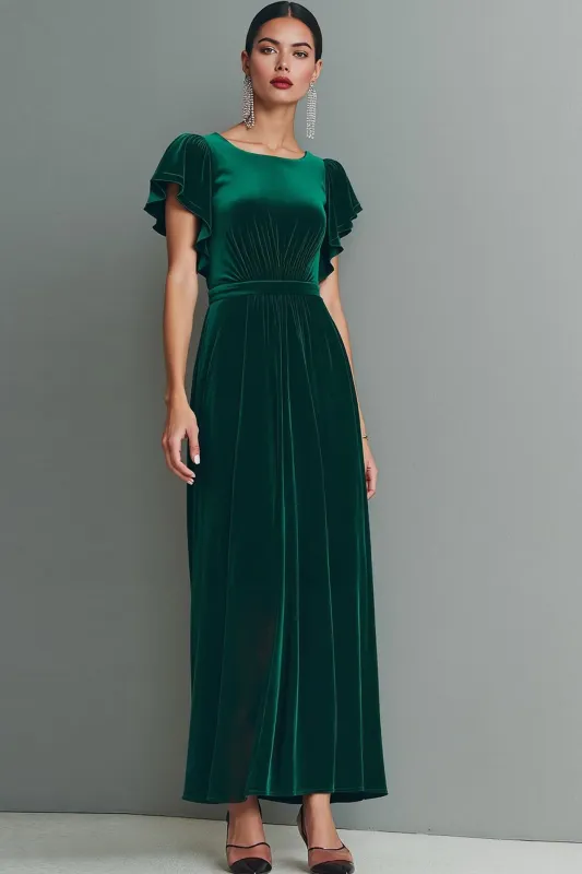 Dark Green Velvet Long Formal Dress with Flutter Sleeves sold by Zapaka