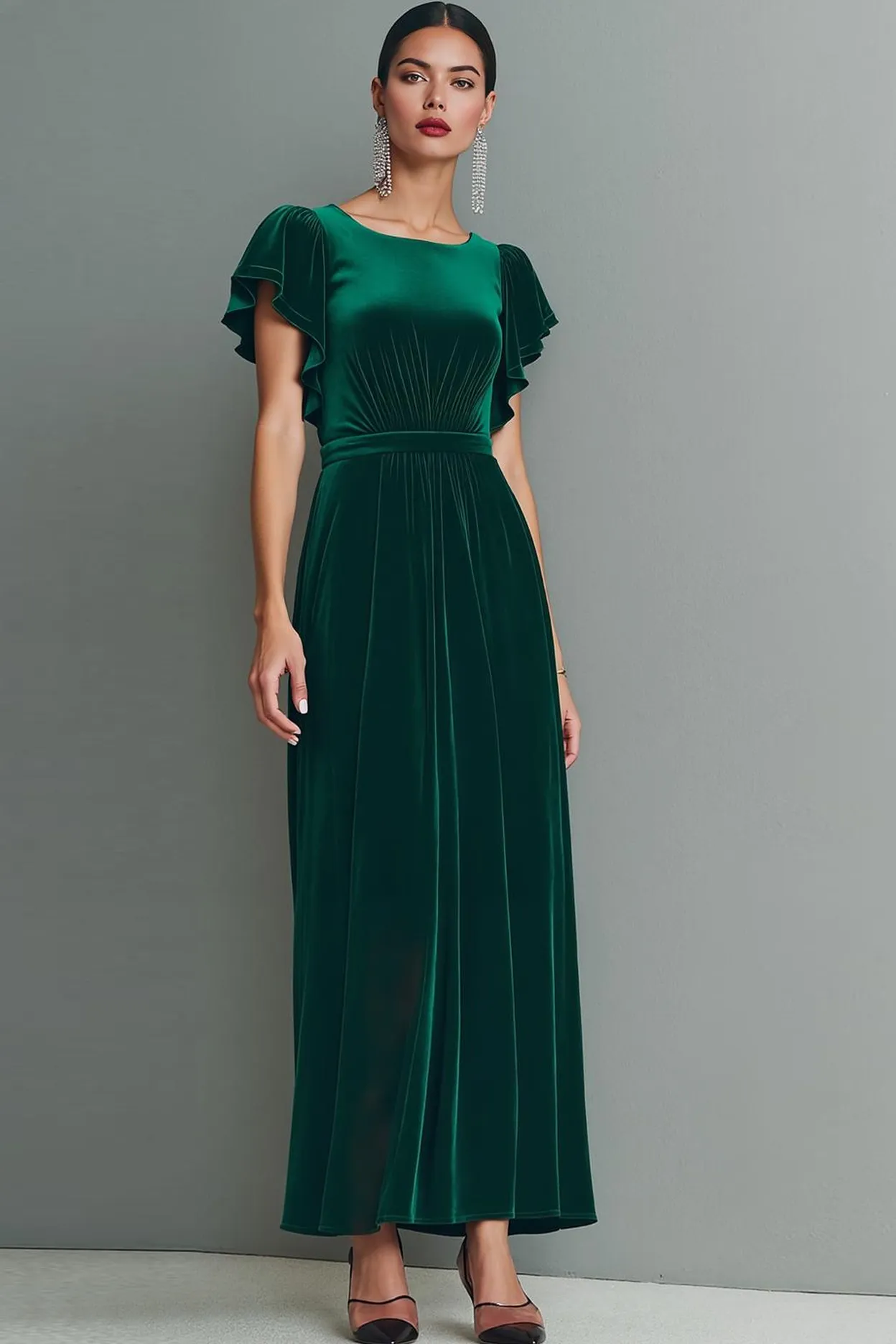 Dark Green Velvet Long Formal Dress with Flutter Sleeves sold by Zapaka