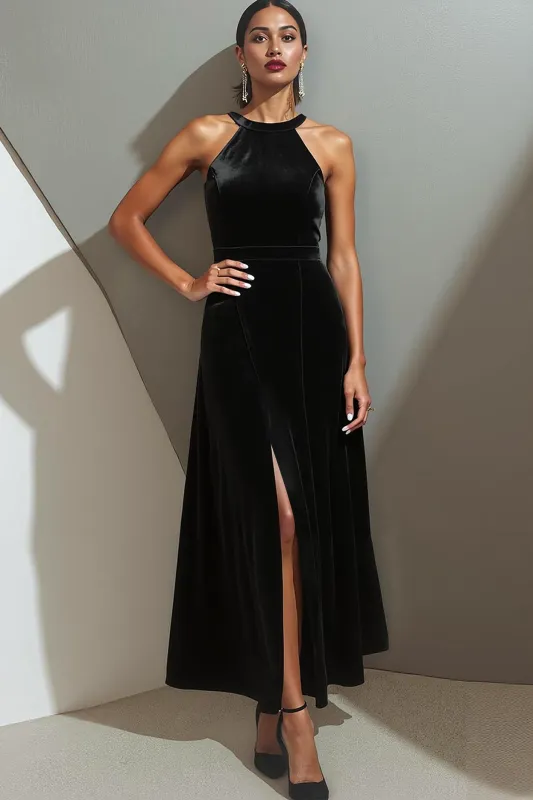 Black Velvet Halter Formal Dress with Slit sold by Zapaka