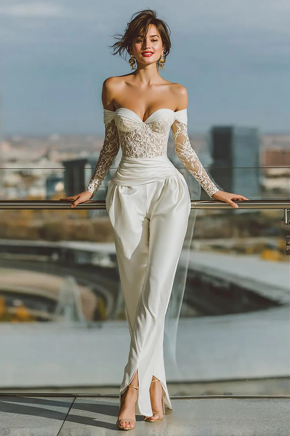 White Off the Shoulder Bridal Jumpsuits with Lace sold by Zapaka