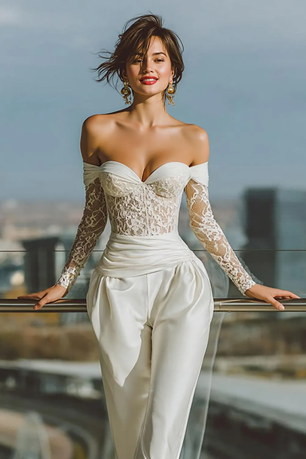 White Off the Shoulder Bridal Jumpsuits with Lace sold by Zapaka product image thumbnail 3