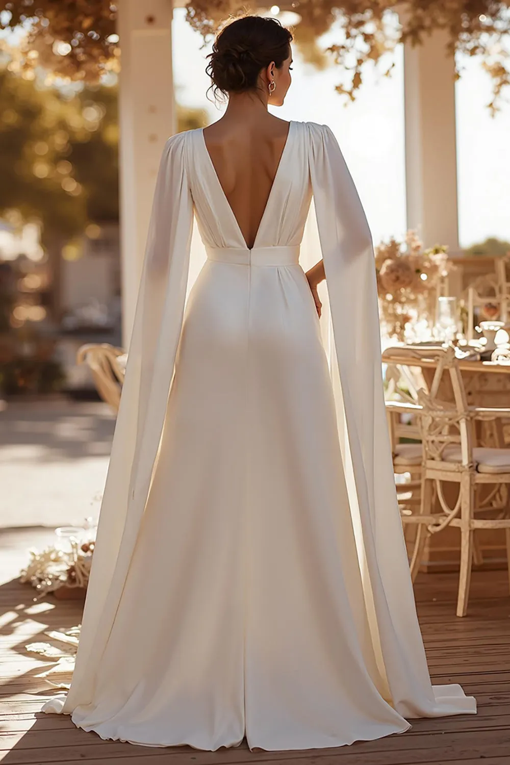 White Deep V-Neck Bridal Jumpsuits with Cape sold by Zapaka product image thumbnail 2