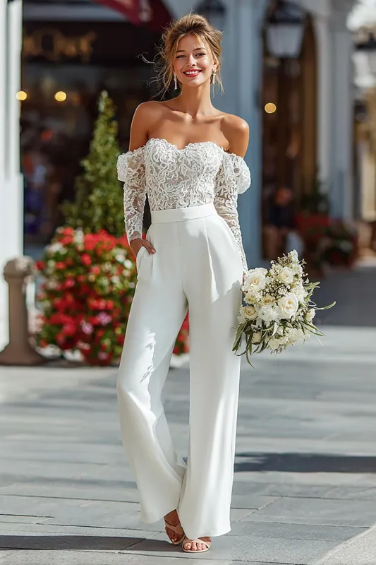 Lace White Off the Shoulder Bridal Jumpsuits with Pockets sold by Zapaka