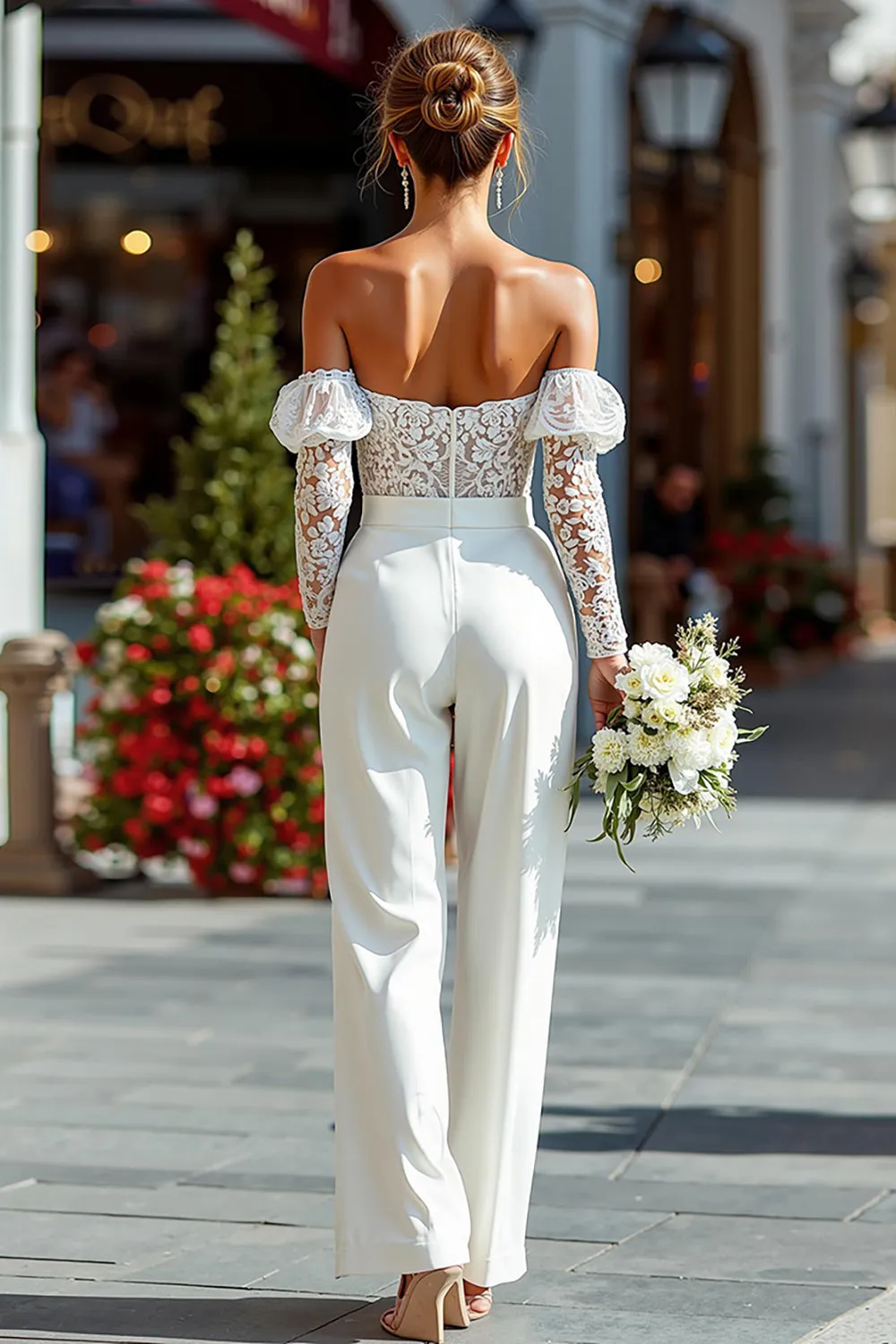 Lace White Off the Shoulder Bridal Jumpsuits with Pockets sold by Zapaka product image thumbnail 2