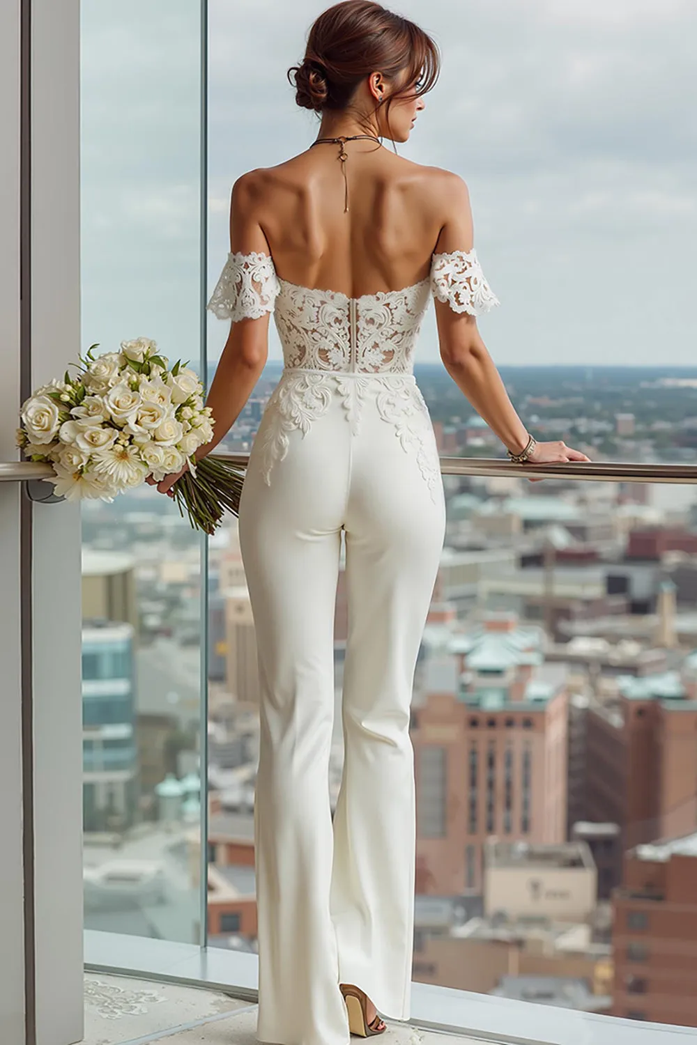 White Off the Shoulder Lace Appliqued Bridal Jumpsuits sold by Zapaka product image thumbnail 2