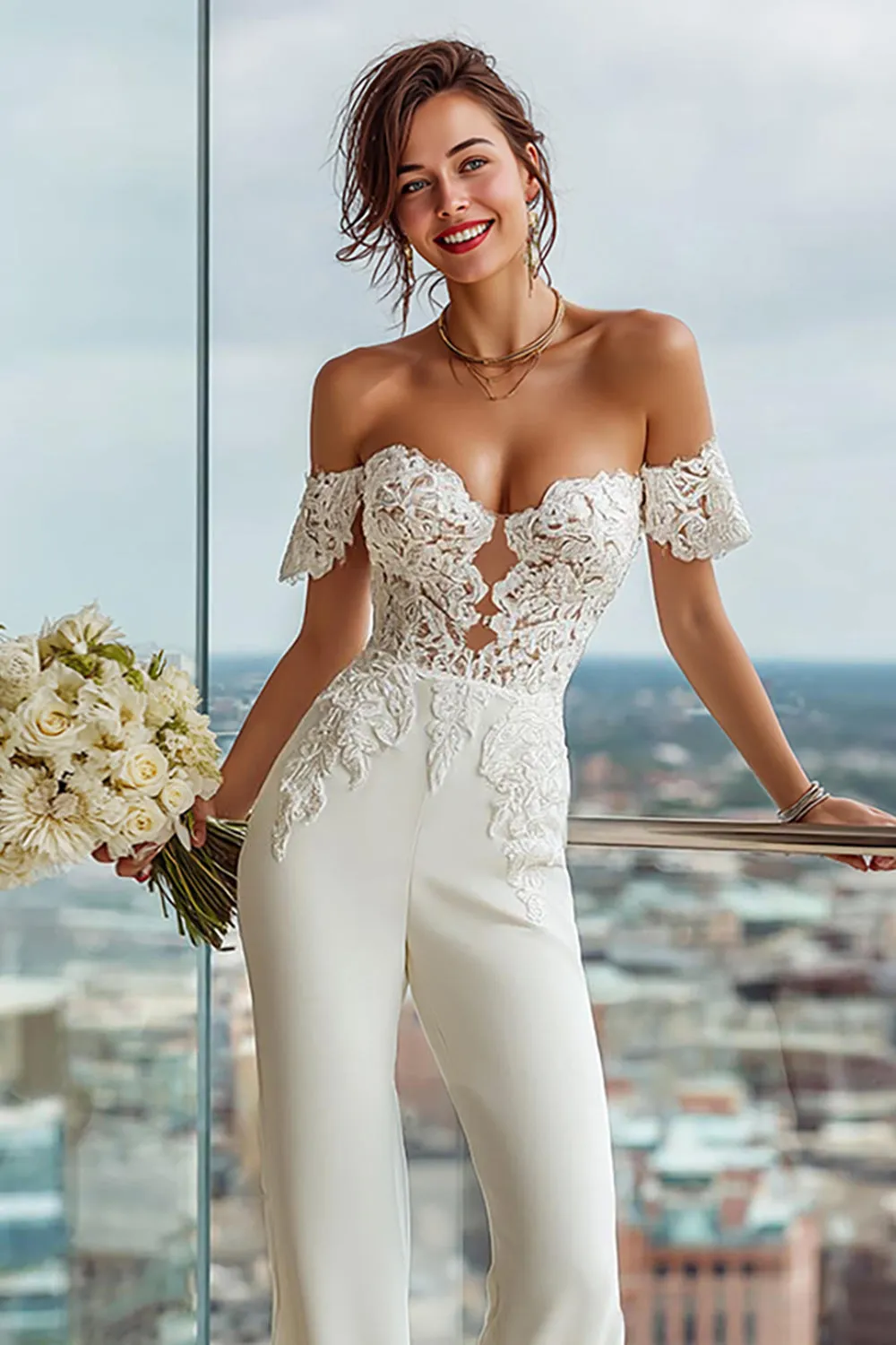 White Off the Shoulder Lace Appliqued Bridal Jumpsuits sold by Zapaka product image thumbnail 3