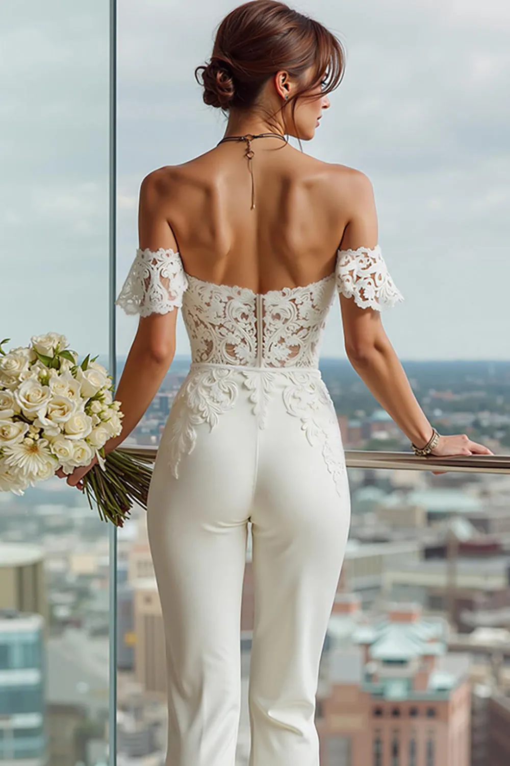White Off the Shoulder Lace Appliqued Bridal Jumpsuits sold by Zapaka product image thumbnail 4