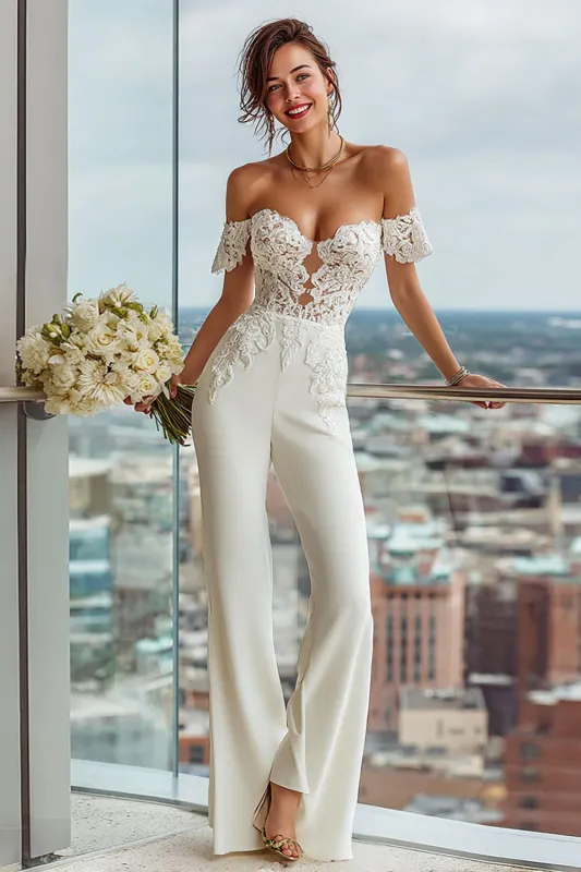White Off the Shoulder Lace Appliqued Bridal Jumpsuits sold by Zapaka