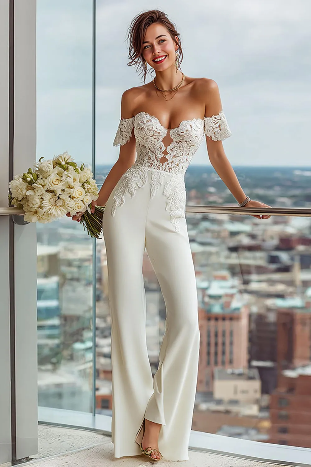 White Off the Shoulder Lace Appliqued Bridal Jumpsuits sold by Zapaka