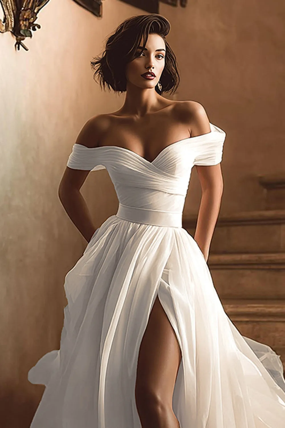 White Off the Shoulder A Line Wedding Dress with Slit sold by Zapaka product image thumbnail 3