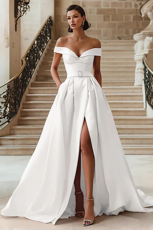 White Off the Shoulder Ball Gown Wedding Dress with Slit sold by Zapaka