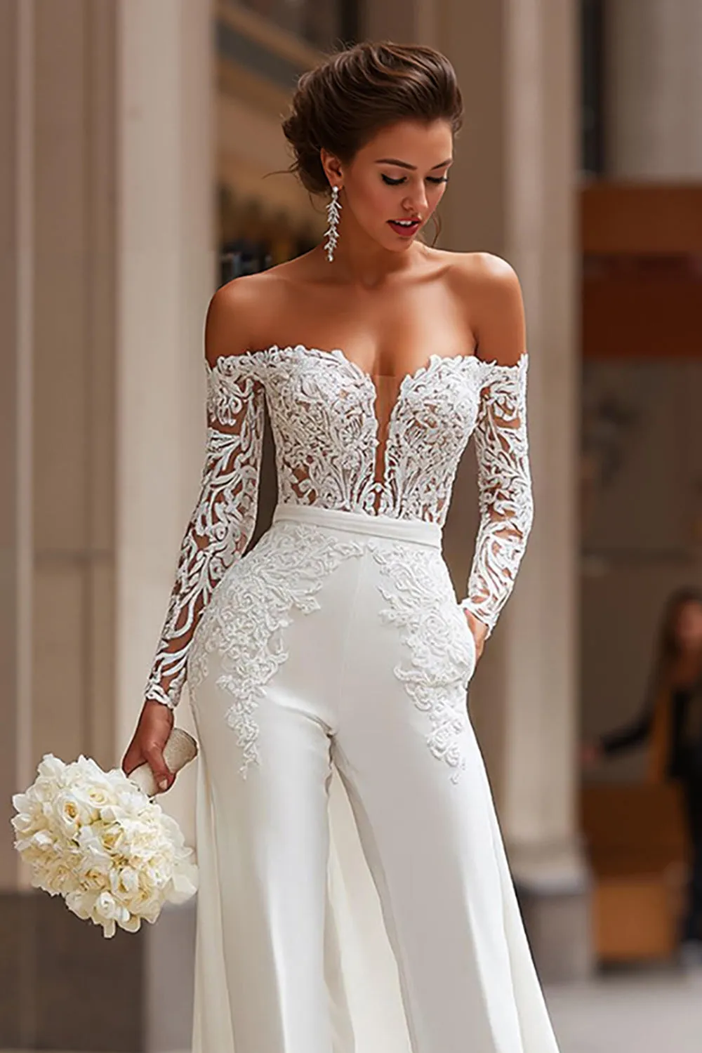 White Off the Shoulder Appliqued Bridal Jumpsuits with Pockets sold by Zapaka product image thumbnail 3