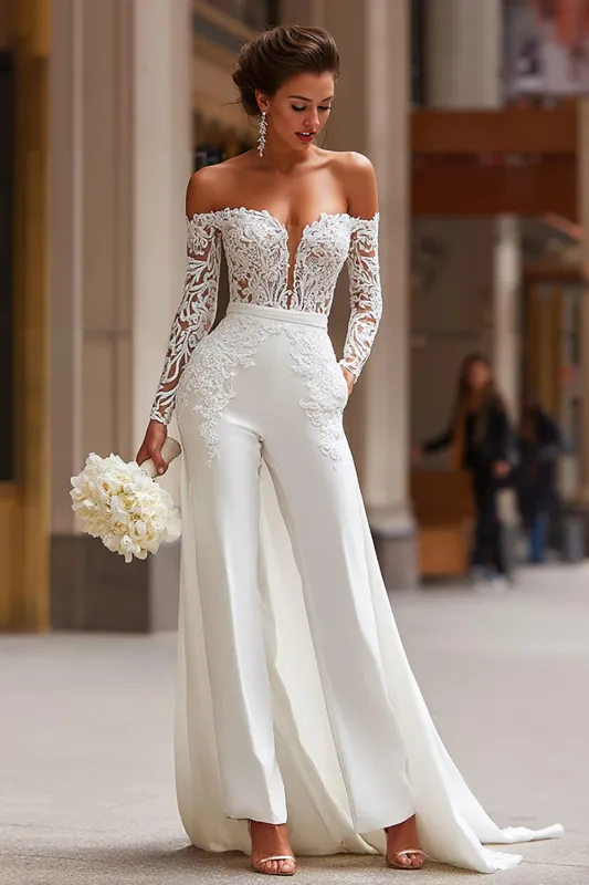 White Off the Shoulder Appliqued Bridal Jumpsuits with Pockets sold by Zapaka