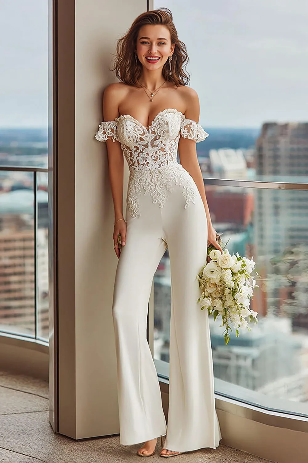 White Lace Off the Shoulder Bridal Jumpsuits sold by Zapaka