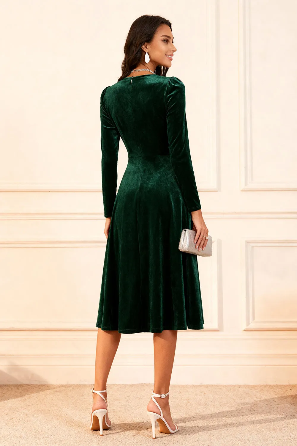 Dark Green A Line Velvet Long Sleeve Holiday Party Dress sold by Zapaka product image thumbnail 2