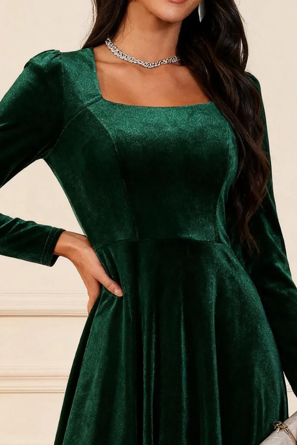 Dark Green A Line Velvet Long Sleeve Holiday Party Dress sold by Zapaka product image thumbnail 3