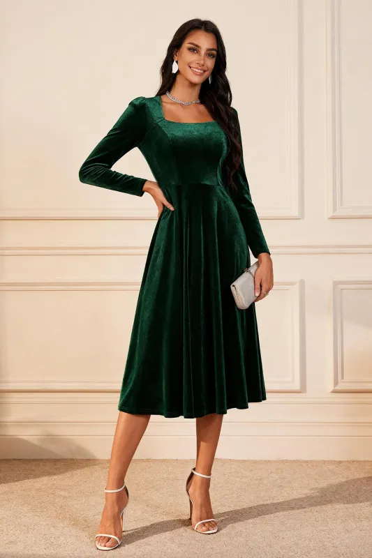 Dark Green A Line Velvet Long Sleeve Holiday Party Dress sold by Zapaka