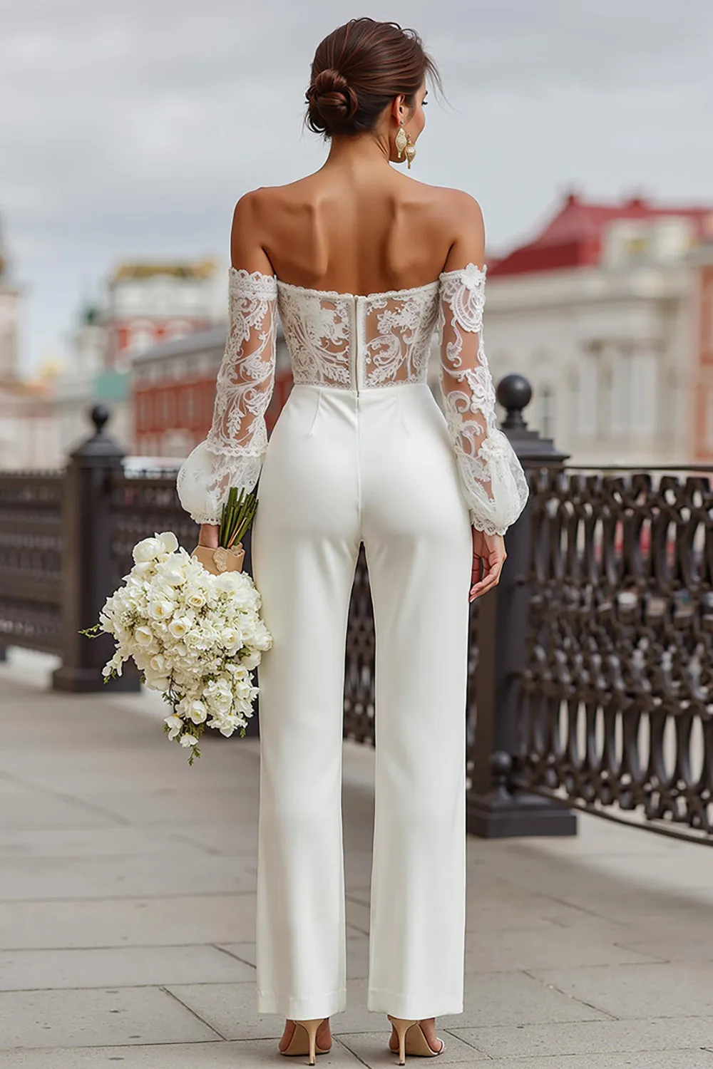 White Lace Off the Shoulder Bridal Jumpsuits with Pockets sold by Zapaka product image thumbnail 2