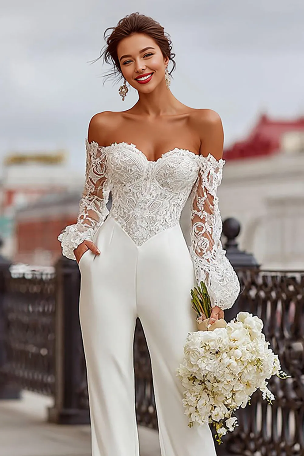 White Lace Off the Shoulder Bridal Jumpsuits with Pockets sold by Zapaka product image thumbnail 3