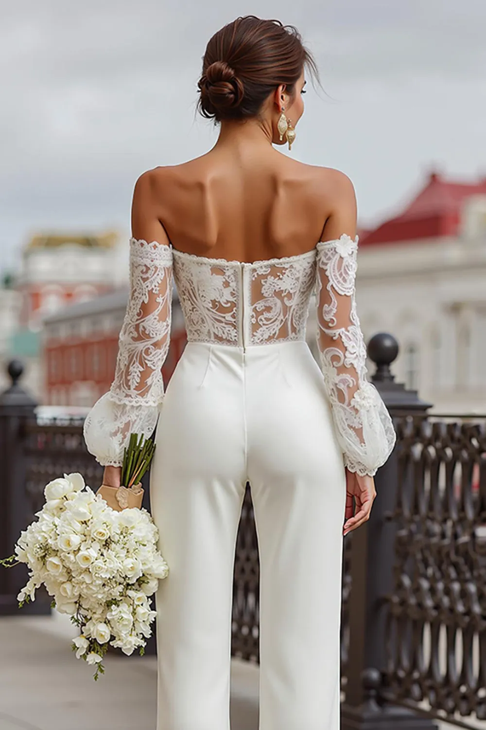 White Lace Off the Shoulder Bridal Jumpsuits with Pockets sold by Zapaka product image thumbnail 4