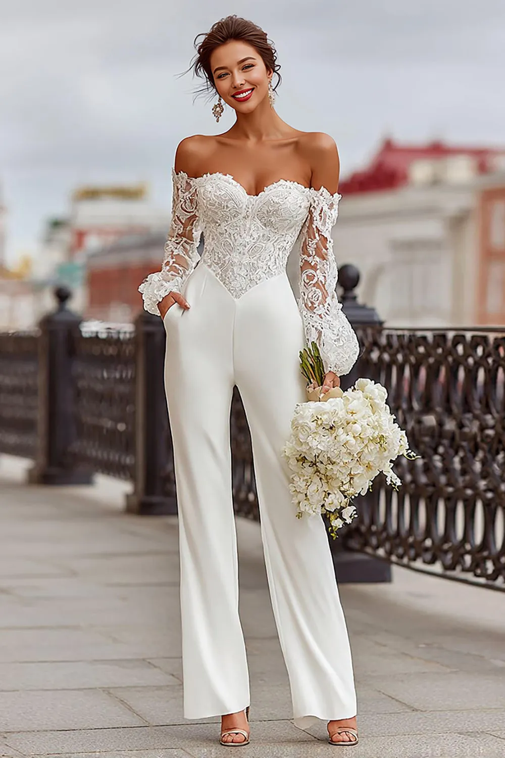 White Lace Off the Shoulder Bridal Jumpsuits with Pockets sold by Zapaka