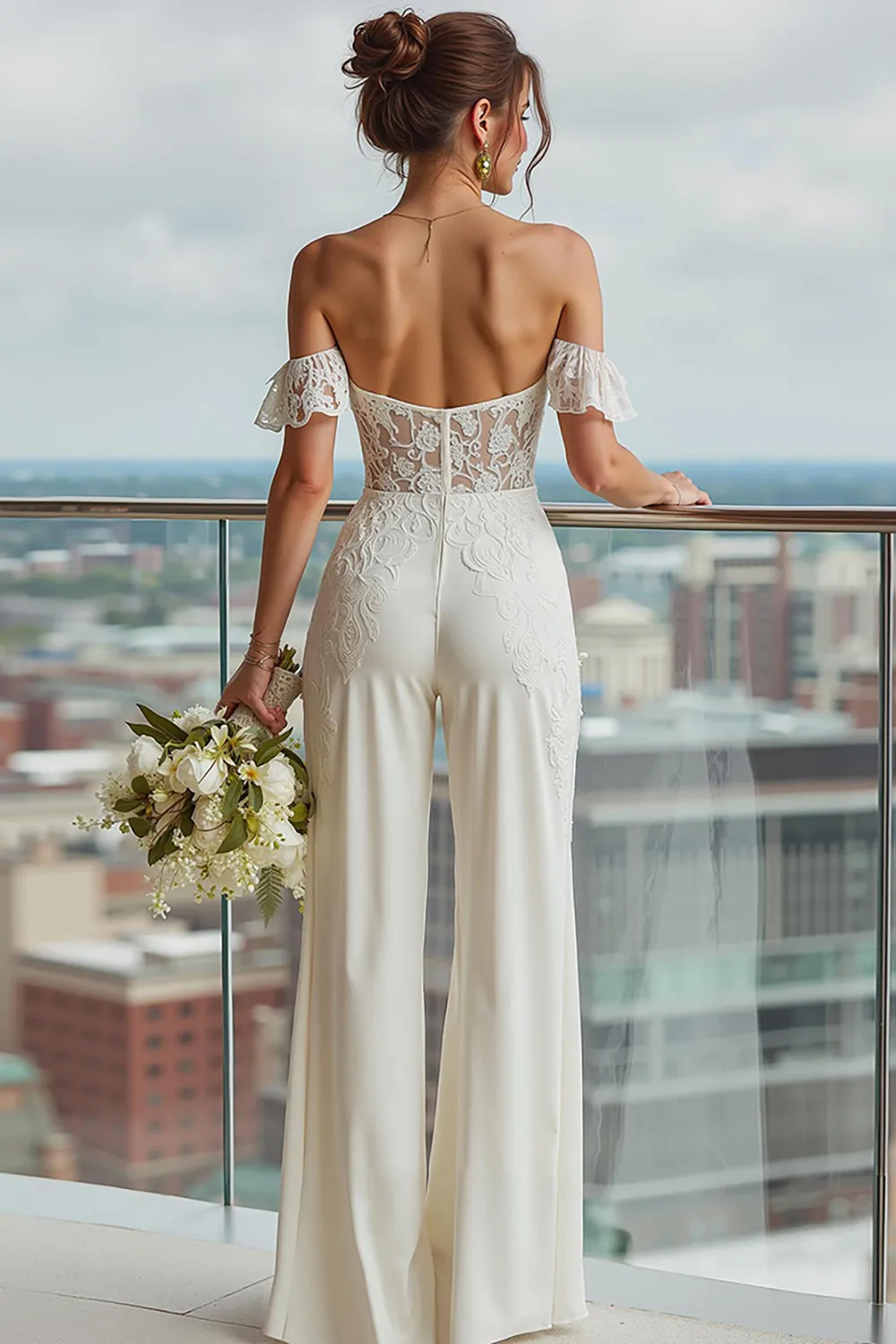 Ivory Ruffled Lace Off the Shoulder Bridal Jumpsuits sold by Zapaka product image thumbnail 2