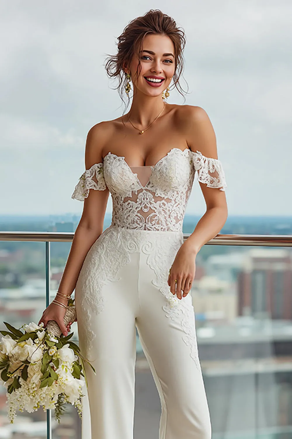 Ivory Ruffled Lace Off the Shoulder Bridal Jumpsuits sold by Zapaka product image thumbnail 3