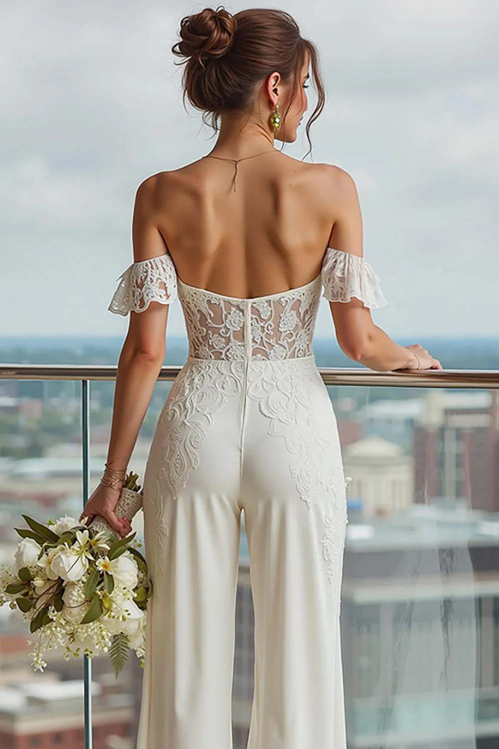 Ivory Ruffled Lace Off the Shoulder Bridal Jumpsuits sold by Zapaka product image thumbnail 4