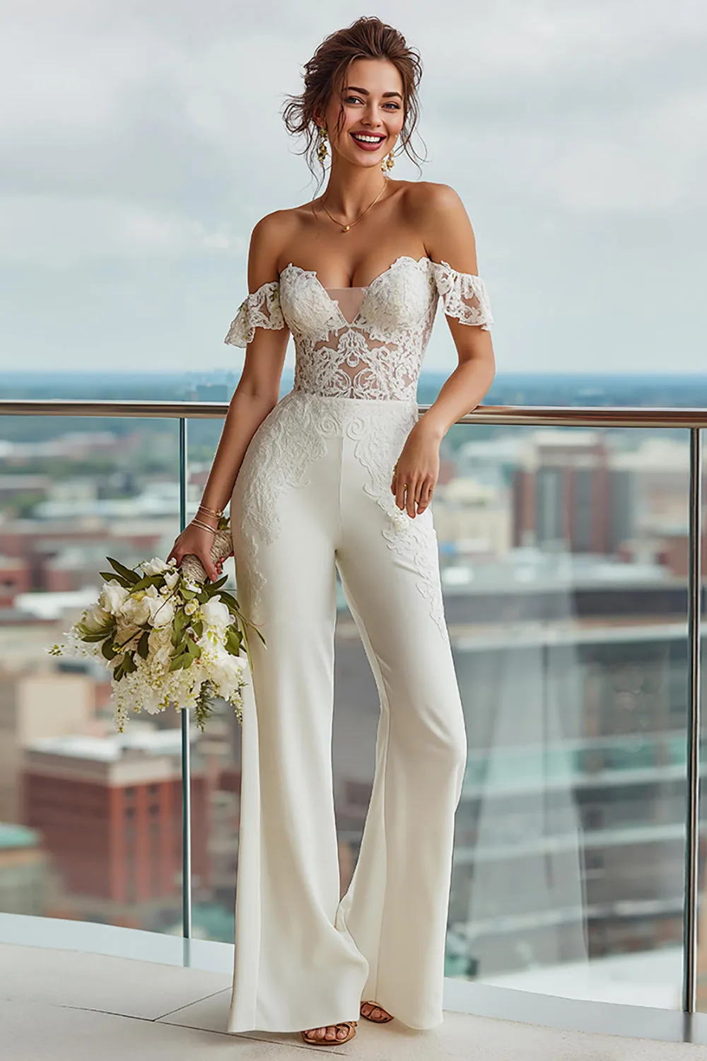 Ivory Ruffled Lace Off the Shoulder Bridal Jumpsuits sold by Zapaka