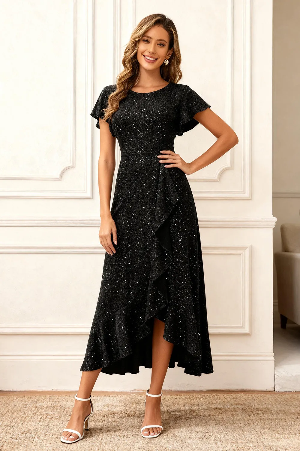 Glitter Black A Line Ruffle Holiday Party Dress with Sleeves sold by Zapaka