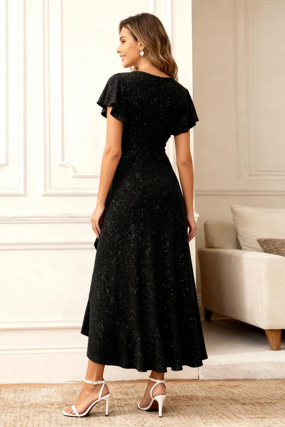 Glitter Black A Line Ruffle Holiday Party Dress with Sleeves sold by Zapaka product image thumbnail 2