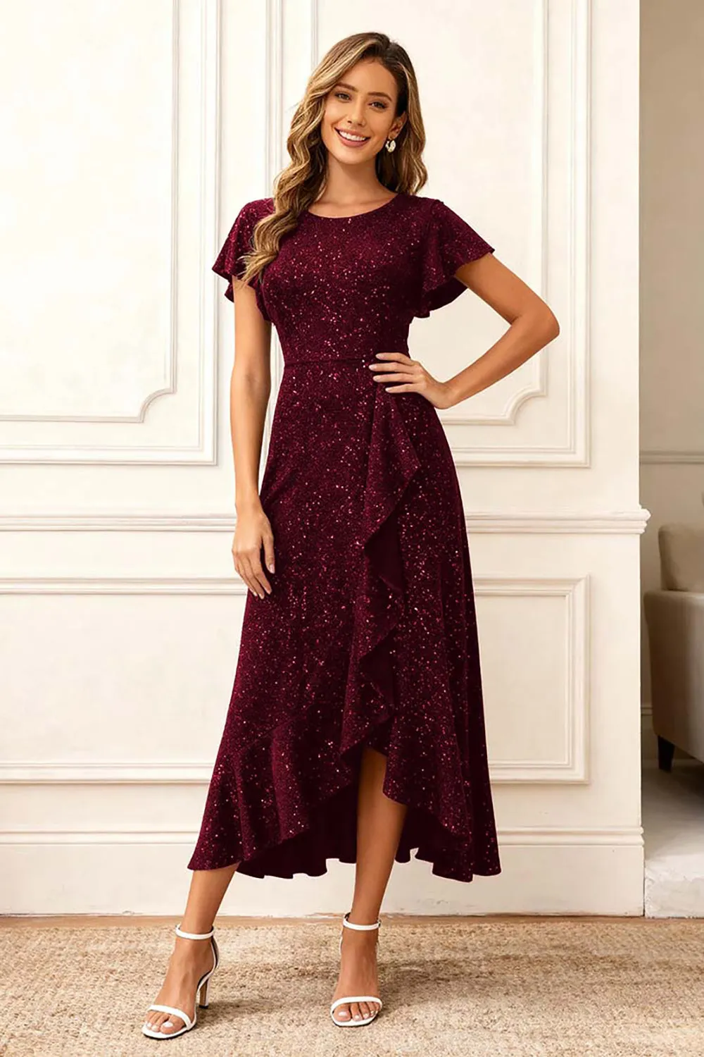 Glitter Black A Line Ruffle Holiday Party Dress with Sleeves sold by Zapaka product image thumbnail 5