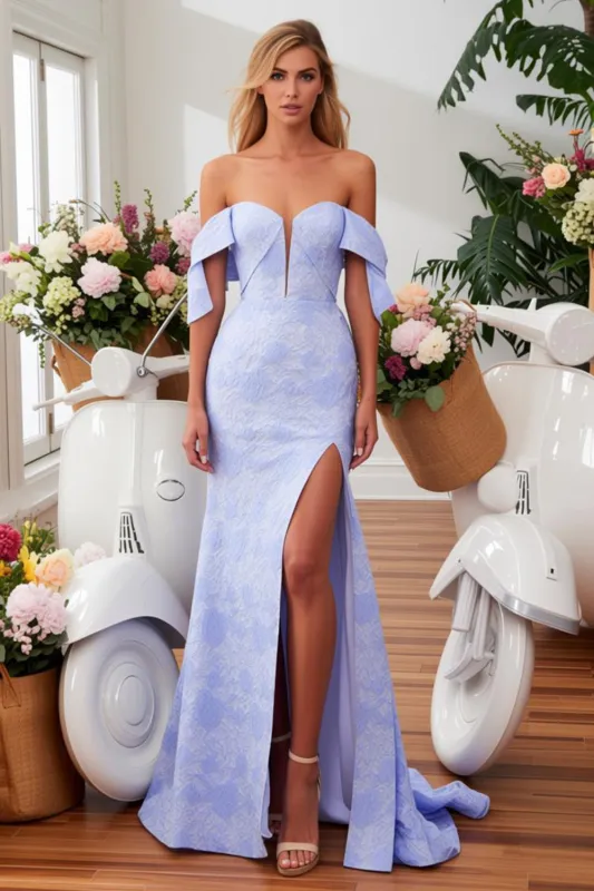 Blue Printed Off The Shoulder Mermaid Prom Dress With Slit sold by Zapaka
