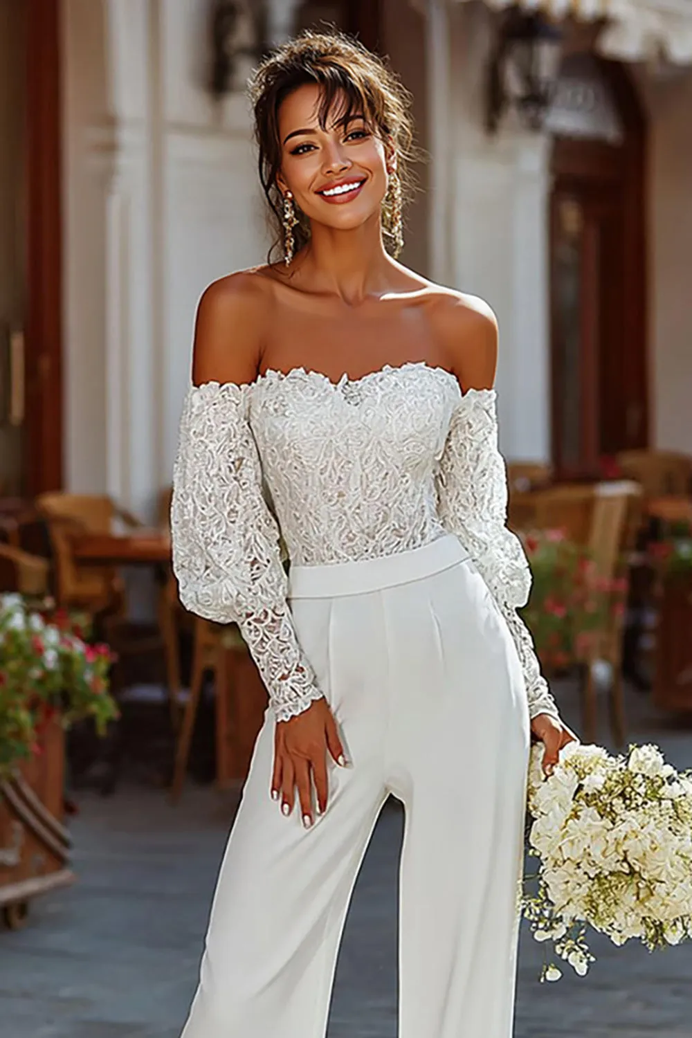 Off the Shoulder White Bridal Jumpsuits with Lace sold by Zapaka product image thumbnail 3