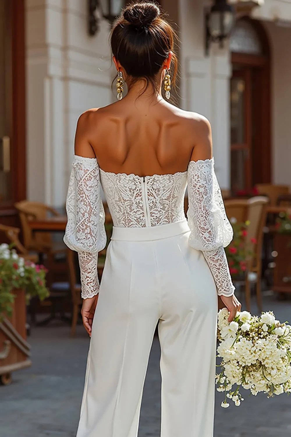 Off the Shoulder White Bridal Jumpsuits with Lace sold by Zapaka product image thumbnail 4