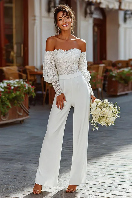 Off the Shoulder White Bridal Jumpsuits with Lace sold by Zapaka