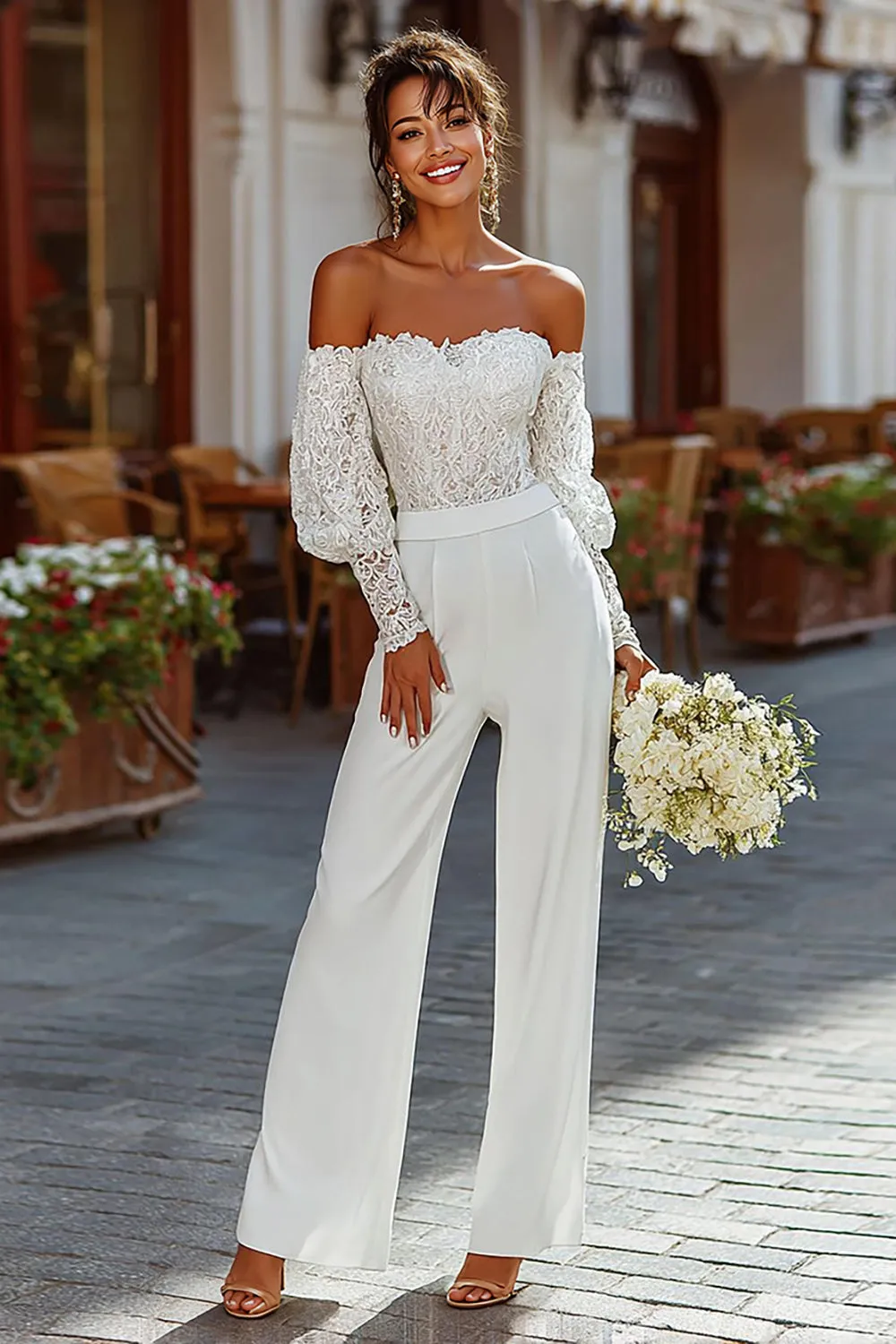 Off the Shoulder White Bridal Jumpsuits with Lace sold by Zapaka