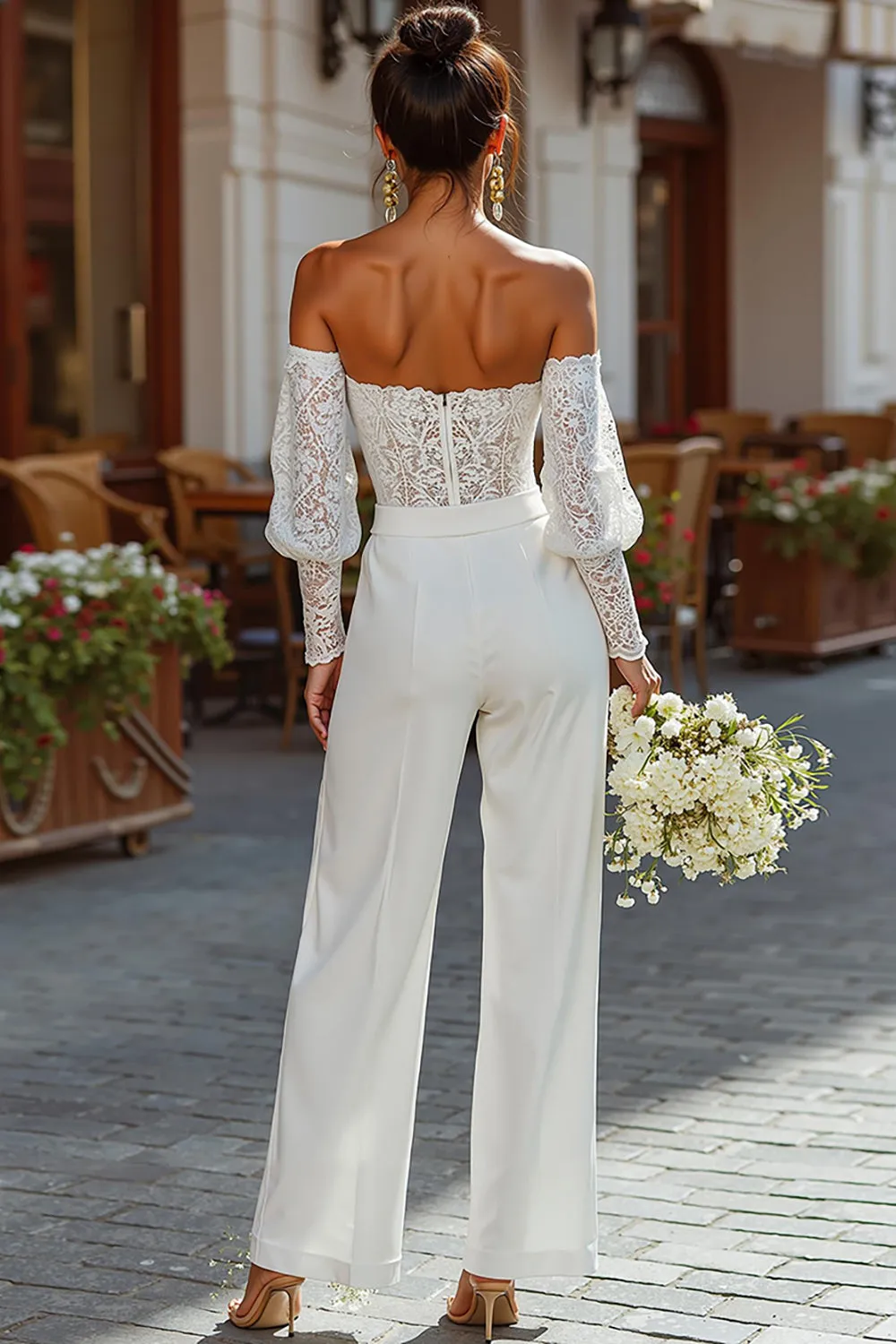 Off the Shoulder White Bridal Jumpsuits with Lace sold by Zapaka product image thumbnail 2