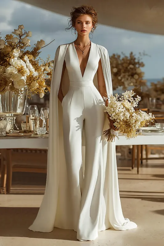 Ivory V-Neck Fitted Bridal Jumpsuits with Cape made by Zapaka
