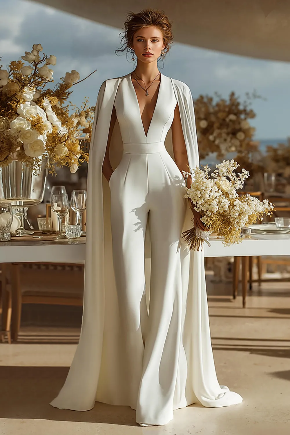 Ivory V-Neck Fitted Bridal Jumpsuits with Cape sold by Zapaka