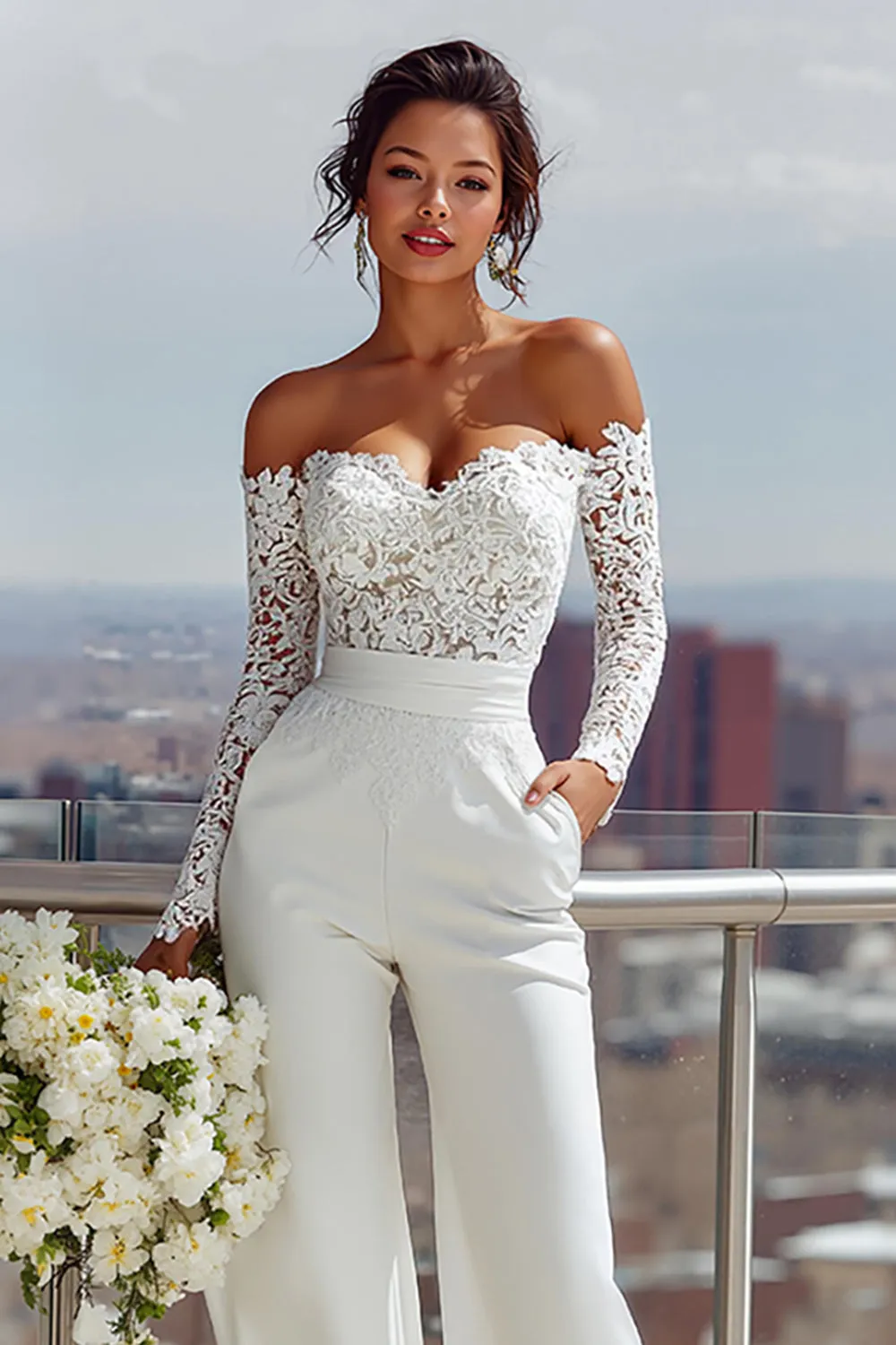 White Off the Shoulder Lace Long Bridal Jumpsuits sold by Zapaka product image thumbnail 3