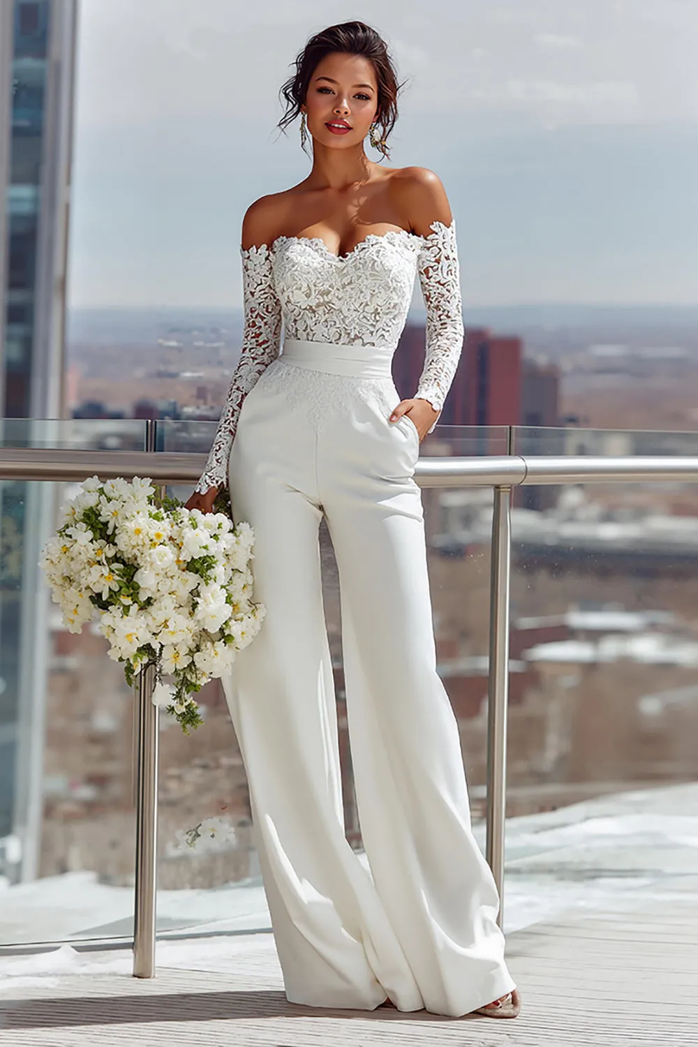 White Off the Shoulder Lace Long Bridal Jumpsuits sold by Zapaka