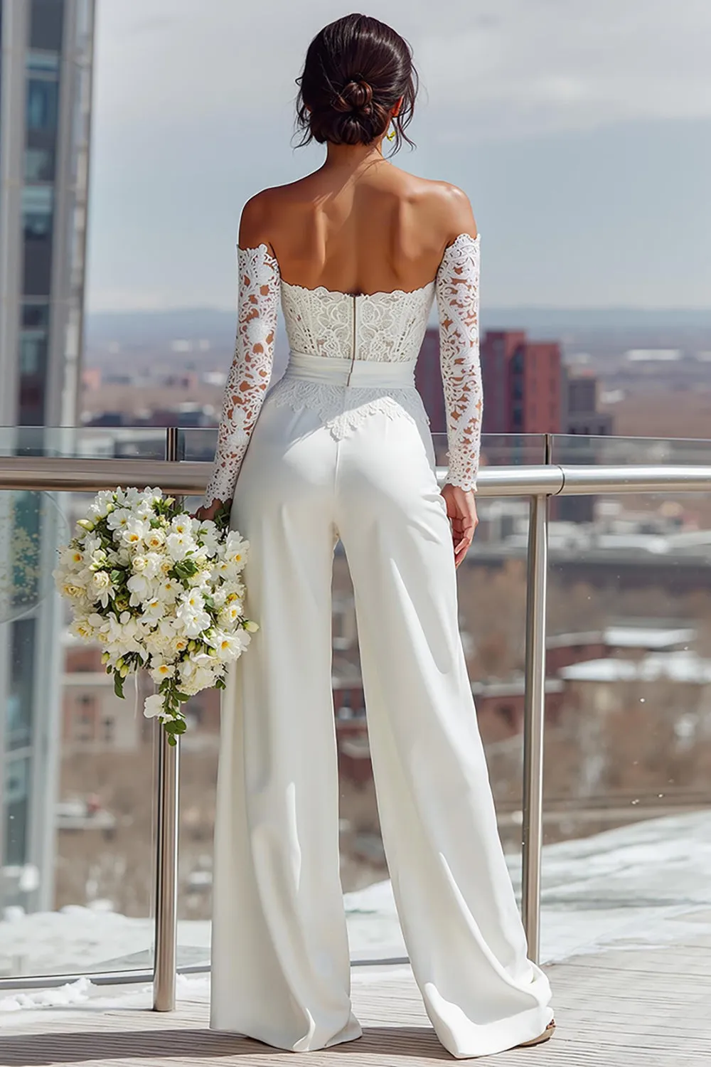 White Off the Shoulder Lace Long Bridal Jumpsuits sold by Zapaka product image thumbnail 2
