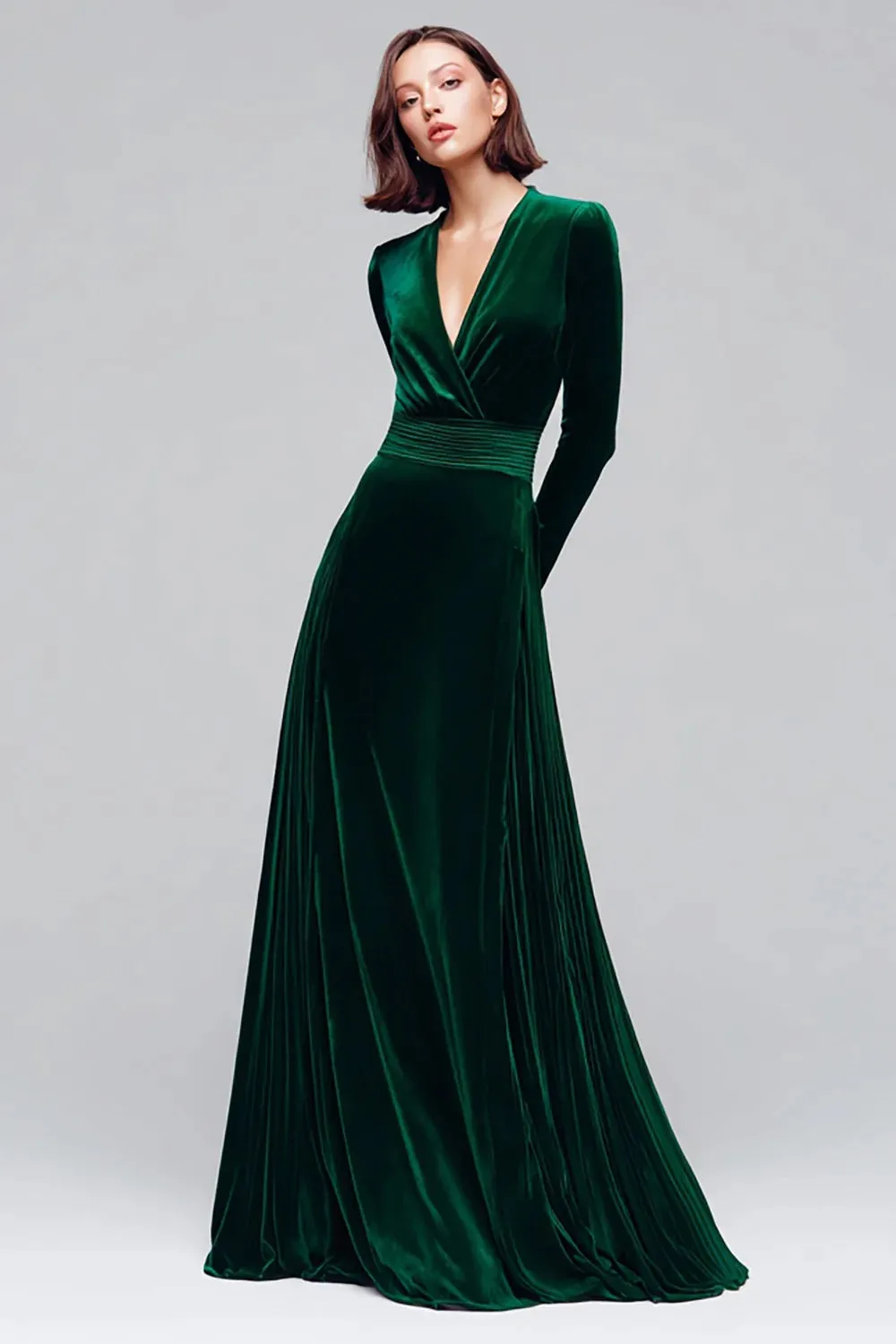 Dark Green A Line V Neck Velvet Holiday Party Dress With Long Sleeves sold by Zapaka
