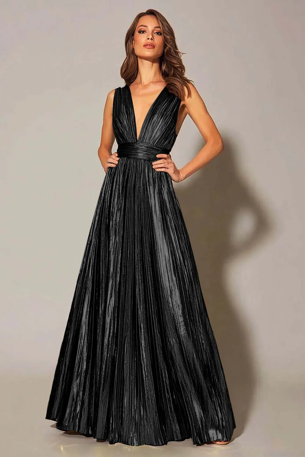 Golden Metallic A Line Pleated Formal Dress sold by Zapaka product image thumbnail 3