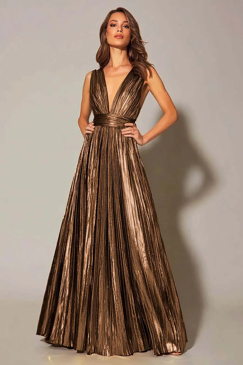 Golden Metallic A Line Pleated Formal Dress sold by Zapaka product image thumbnail 4