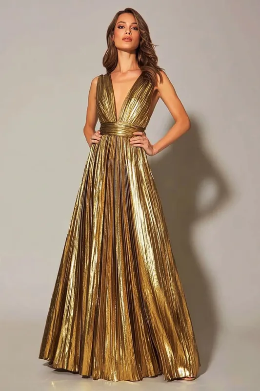 Golden Metallic A Line Pleated Formal Dress sold by Zapaka